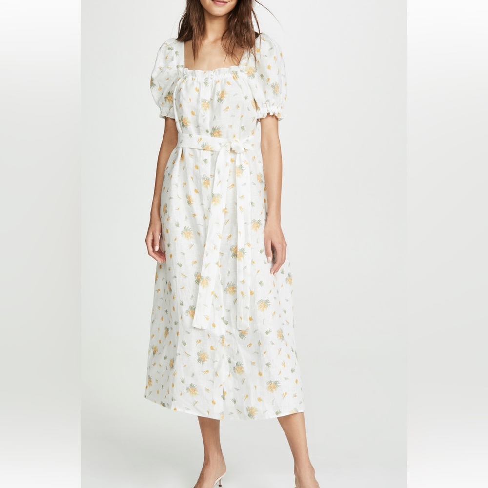 SLEEPER Brigitte Linen Midi Dress in white yellow flowers size xs